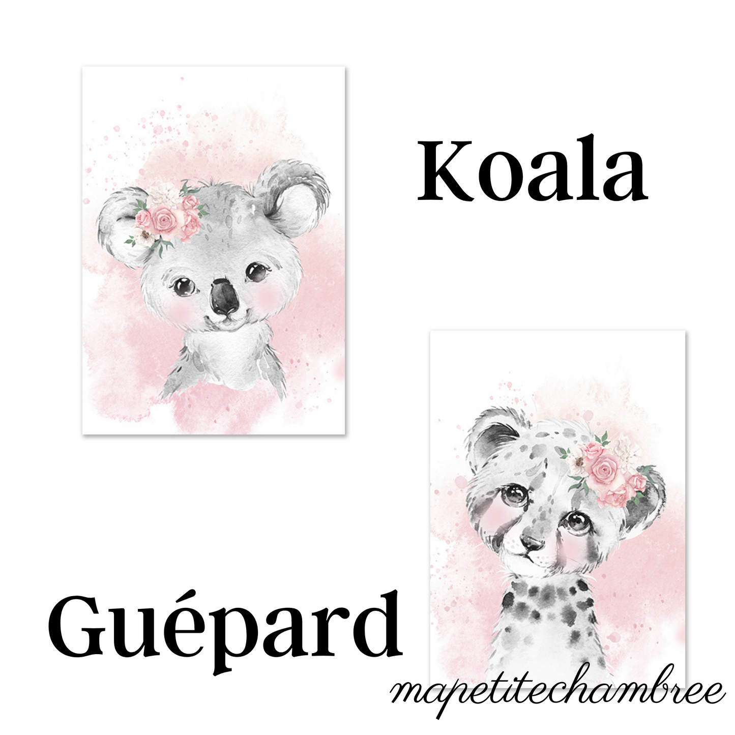 Déco Chambre de Bébé fille - Affiches murales personnalisées jungle savane rose animaux koala guepard