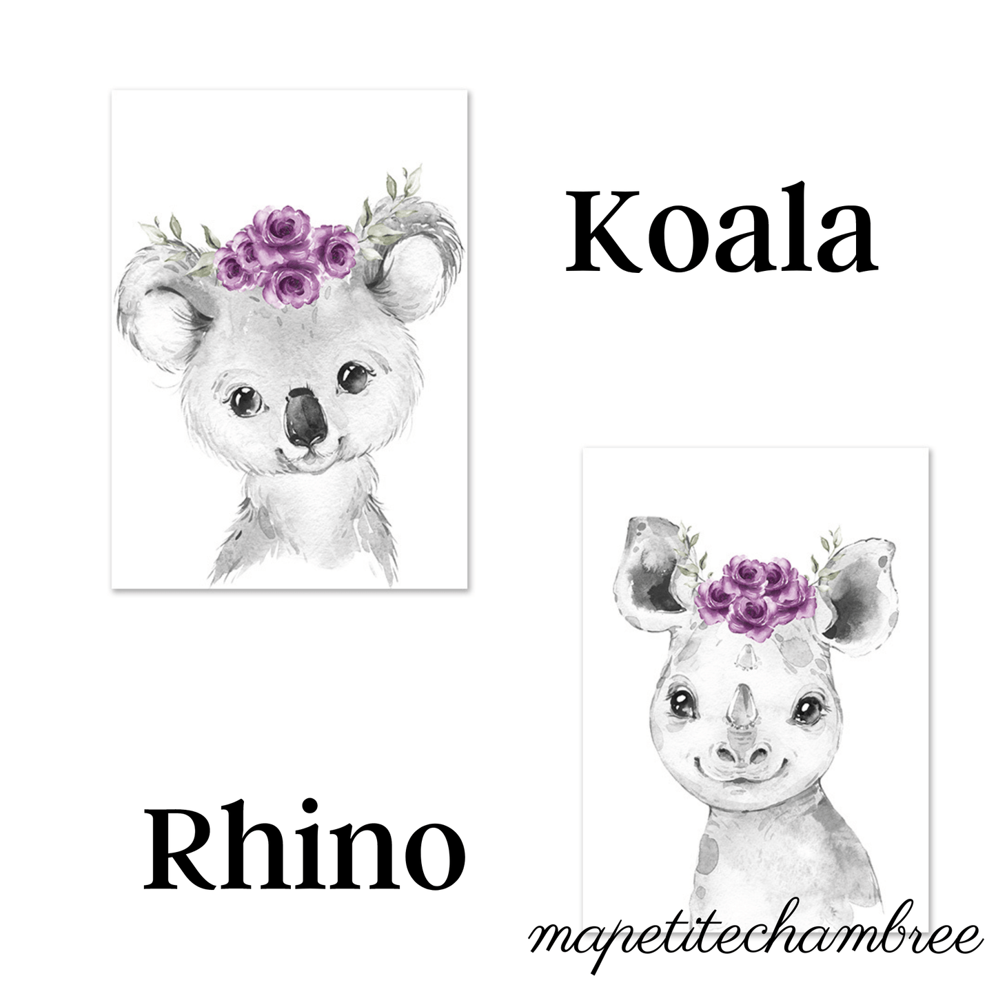 Décoration Chambre Bébé et Enfant violet - Animaux de la savane koala et rhinocéros