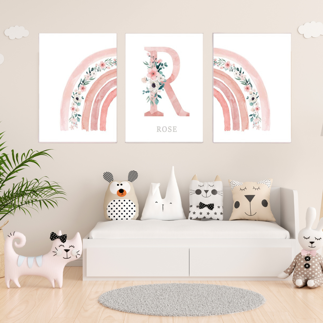Décoration chambre de bébé Arc-en-Ciel rose - Lot de 3 affiches murales personnalisées