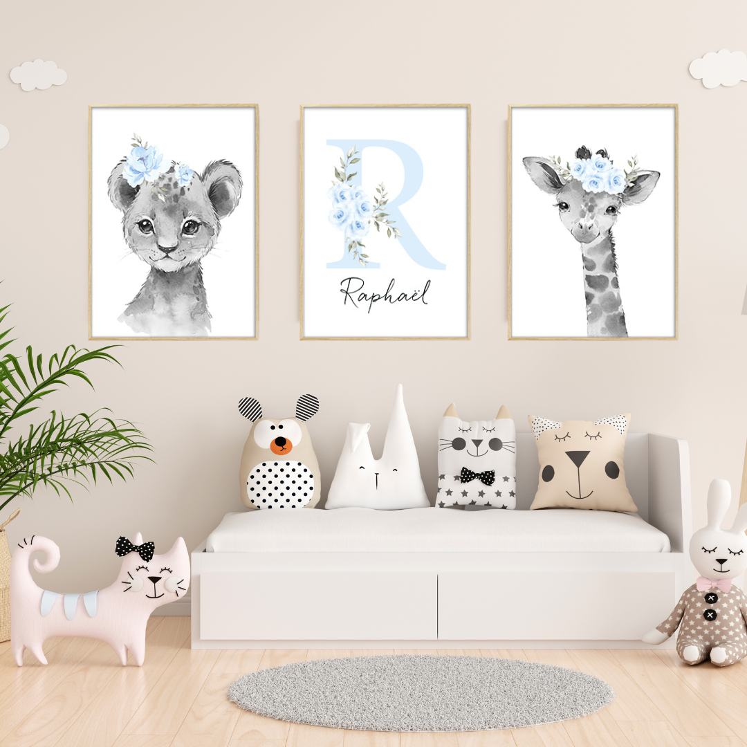 Affiche décoration chambre bébé garçon lion girafe bleu