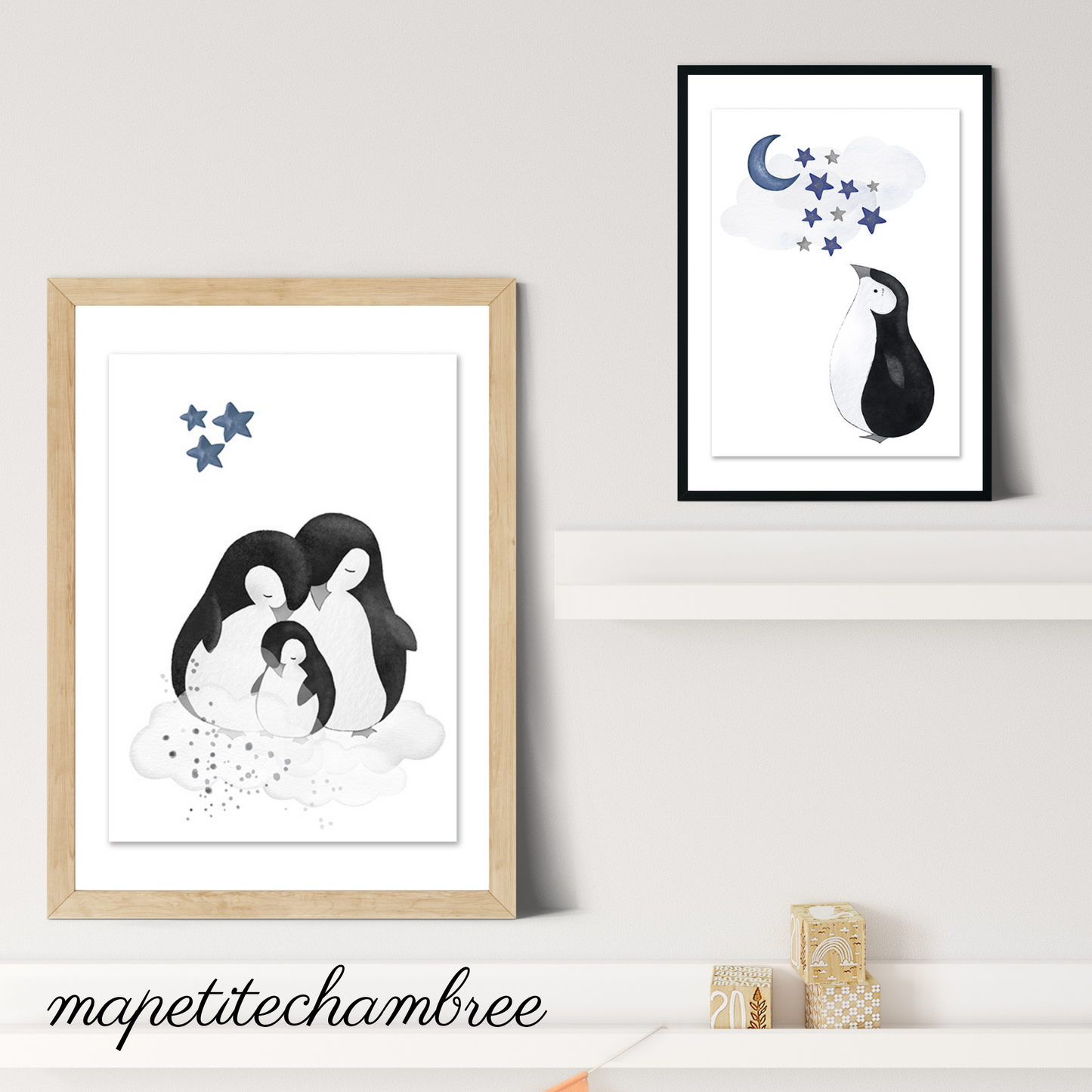 Affiches déco chambre de bébé garçon Pingouin bleu - Lot de 3 affiches - Chambre de Bébé et enfant