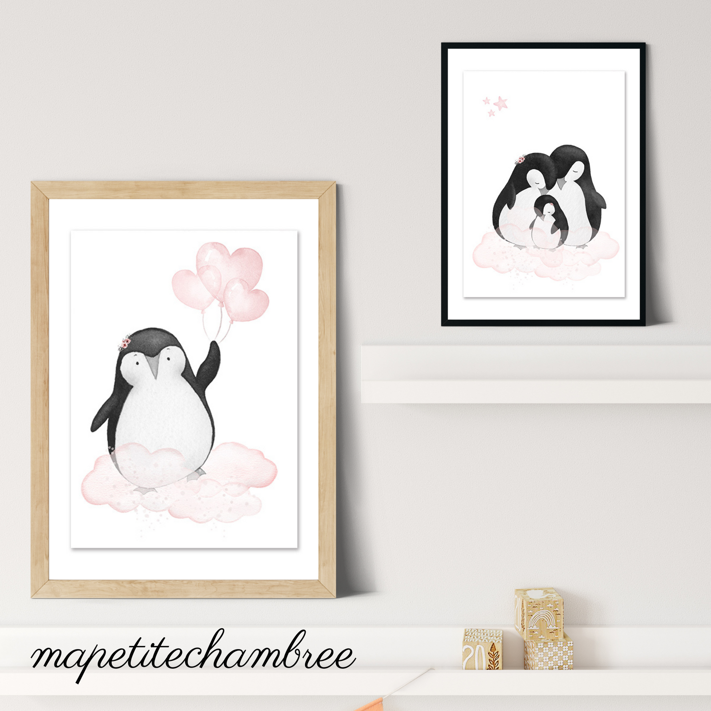 Affiches déco chambre de bébé fille Pingouin Rose - Lot de 3 affiches - Chambre de Bébé et enfant