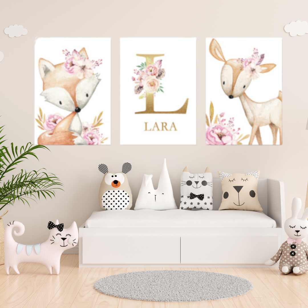 Décoration chambre bébé animaux de la forêt Lettre Doré - lot de 3 Affiches murales personnalisées biche renard prénom lara