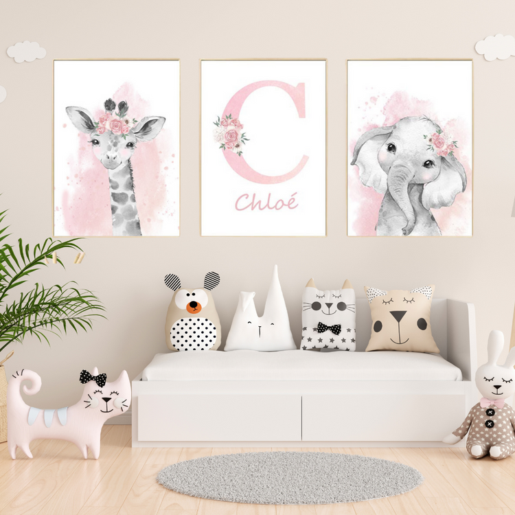 Déco Chambre de Bébé fille - Affiche jungle savane rose