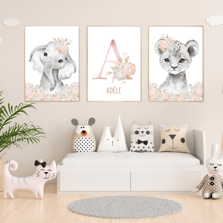 Affiche déco chambre bébé fille savane fleur rose- Décoration Chambre de Bébé et enfant