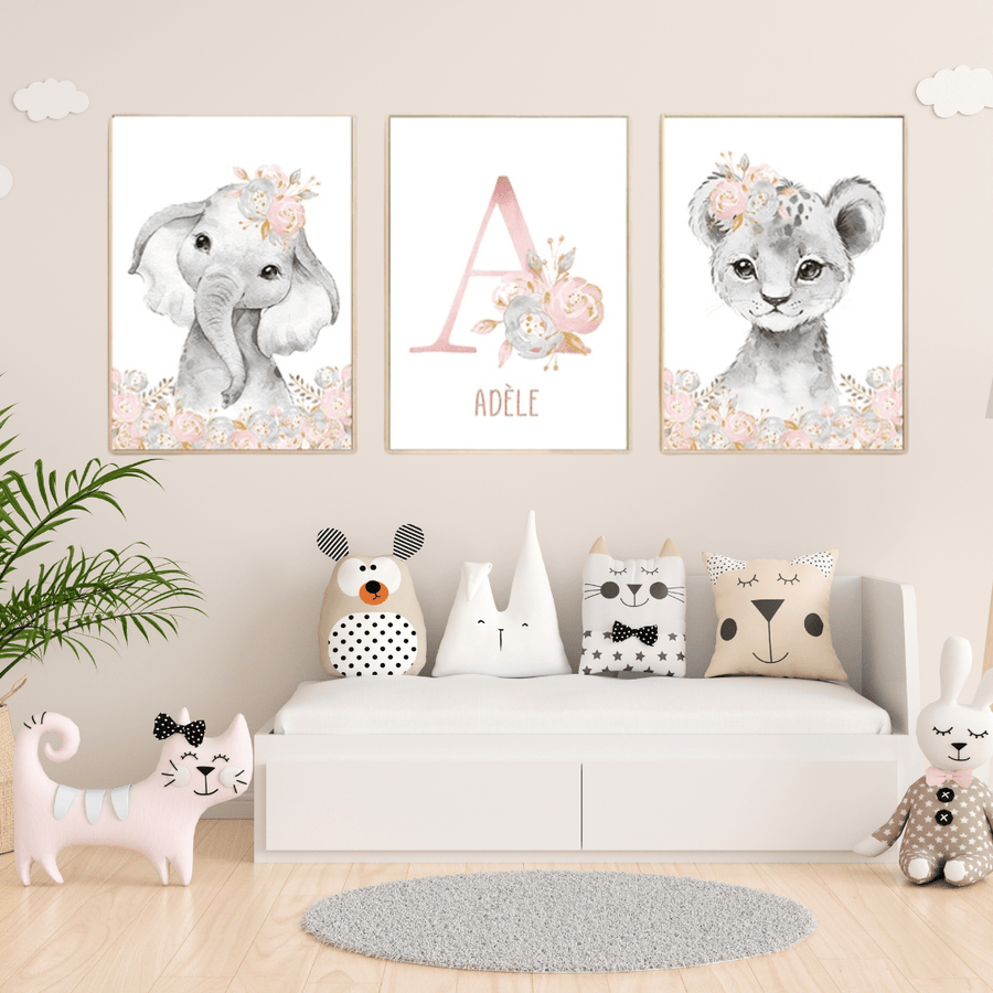 Affiche déco chambre bébé fille savane fleur rose- Décoration Chambre de Bébé et enfant