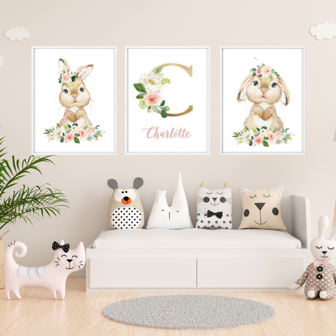 Déco chambre bébé Lapin Doré avec fleurs - Lot de 3 affiches murales personnalisées