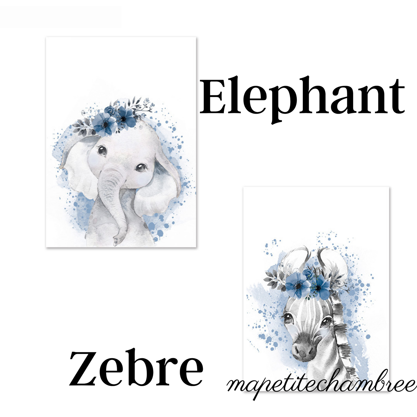 affiches personnalisées pour décorer chambre bébé garçon elephant zebre
