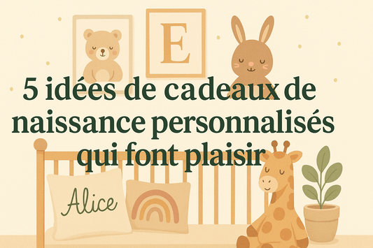 Image de couverture illustrant 5 idées de cadeaux de naissance personnalisés avec une chambre douce, ourson, lapin, girafe et affiche prénom.