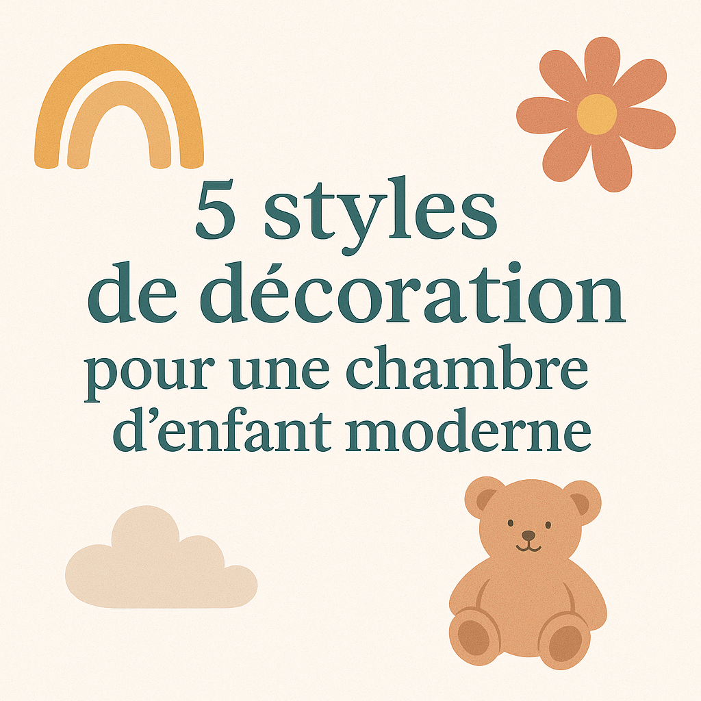 Image de couverture moderne et pastel illustrant 5 styles de décoration pour une chambre d’enfant moderne – ourson, arc-en-ciel, nuage et fleur.