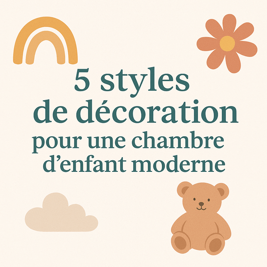 Image de couverture moderne et pastel illustrant 5 styles de décoration pour une chambre d’enfant moderne – ourson, arc-en-ciel, nuage et fleur.