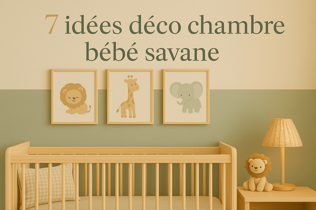 Chambre de bébé décorée sur le thème savane avec lit en bois clair, affiches murales lion, girafe et éléphant dans des tons beige et vert sauge.