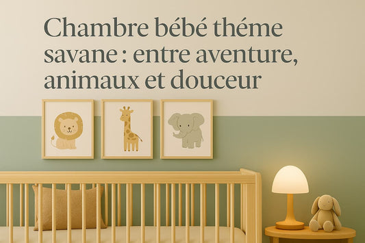 Chambre de bébé sur le thème savane décorée avec lit en bois clair, affiches murales lion, girafe et éléphant, dans des tons beige, ocre et vert sauge.