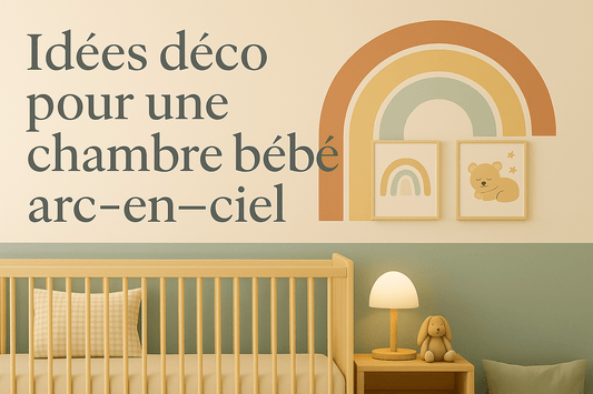 Chambre de bébé lumineuse et pastel décorée sur le thème arc-en-ciel, avec mur peint, lit en bois clair et affiches murales coordonnées.