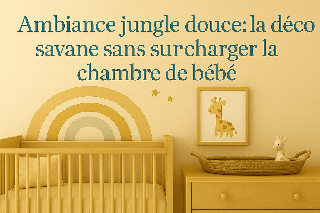 Chambre de bébé ambiance jungle douce avec lit en bois clair, arc-en-ciel mural ocre et vert sauge, cadre girafe et décoration savane apaisante.