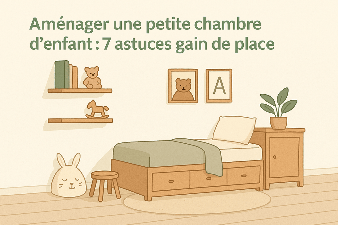 Illustration d’une petite chambre d’enfant aménagée avec meubles en bois clair, affiches murales et rangements malins, dans des tons doux beige et vert sauge.