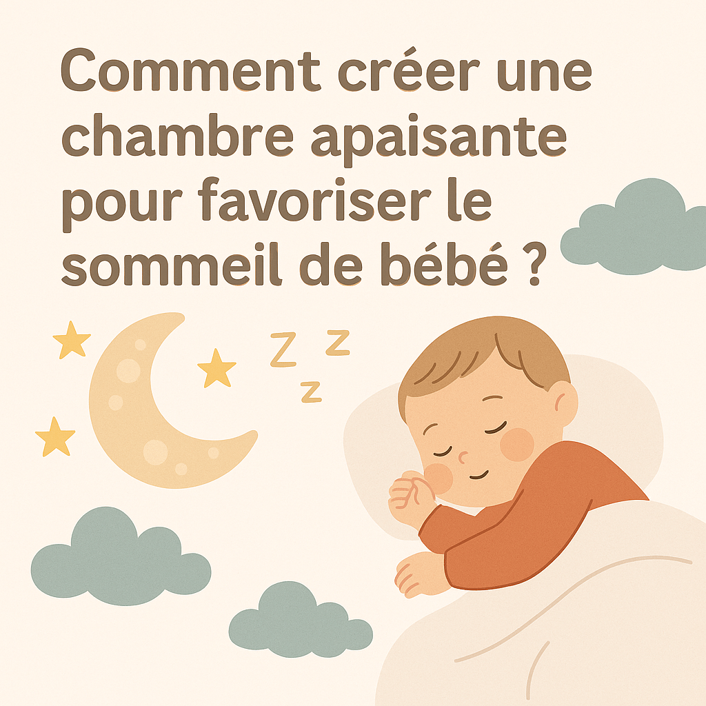 Image de couverture illustrant comment créer une chambre apaisante pour favoriser le sommeil de bébé, avec lune, étoiles et nuages dans des tons doux.