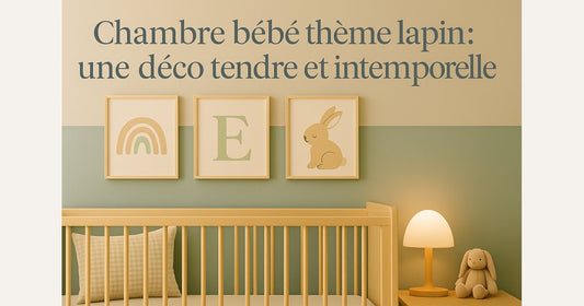 Chambre de bébé sur le thème lapin décorée dans des tons beige, rose poudré et vert sauge, avec lit en bois clair, peluche lapin et affiches murales pastel.