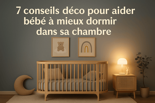 Chambre de bébé apaisante avec lit en bois clair, veilleuse tamisée, affiches murales pastel et tons doux beige, vert sauge et bleu brume.