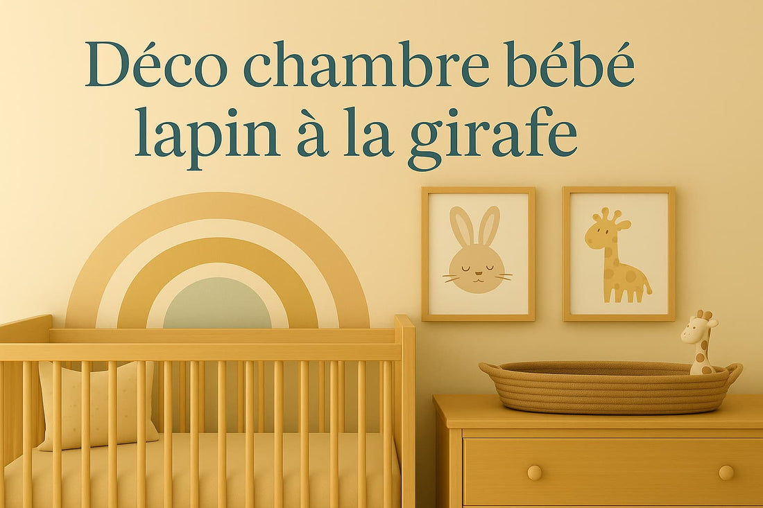 Décoration de chambre bébé avec un thème mixte lapin et girafe, ambiance douce et pastel, lit en bois clair et affiches murales animales.