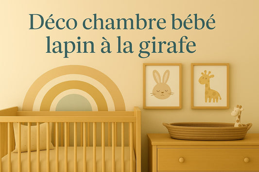 Décoration de chambre bébé avec un thème mixte lapin et girafe, ambiance douce et pastel, lit en bois clair et affiches murales animales.