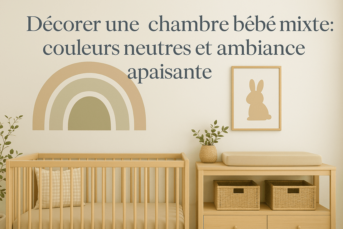 Chambre de bébé mixte décorée avec des couleurs neutres et naturelles, tons beige, vert sauge et bois clair, ambiance douce et apaisante.