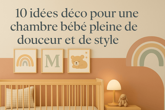 Chambre de bébé lumineuse et apaisante décorée dans des tons beige, vert sauge et rose poudré avec lit en bois clair et affiches murales pastel.