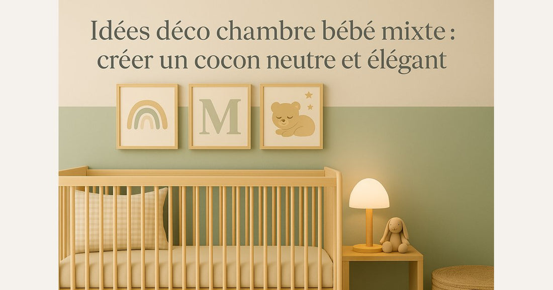 Chambre de bébé mixte décorée dans des tons neutres beige et vert sauge, avec lit en bois clair, affiches pastel et ambiance douce et élégante.