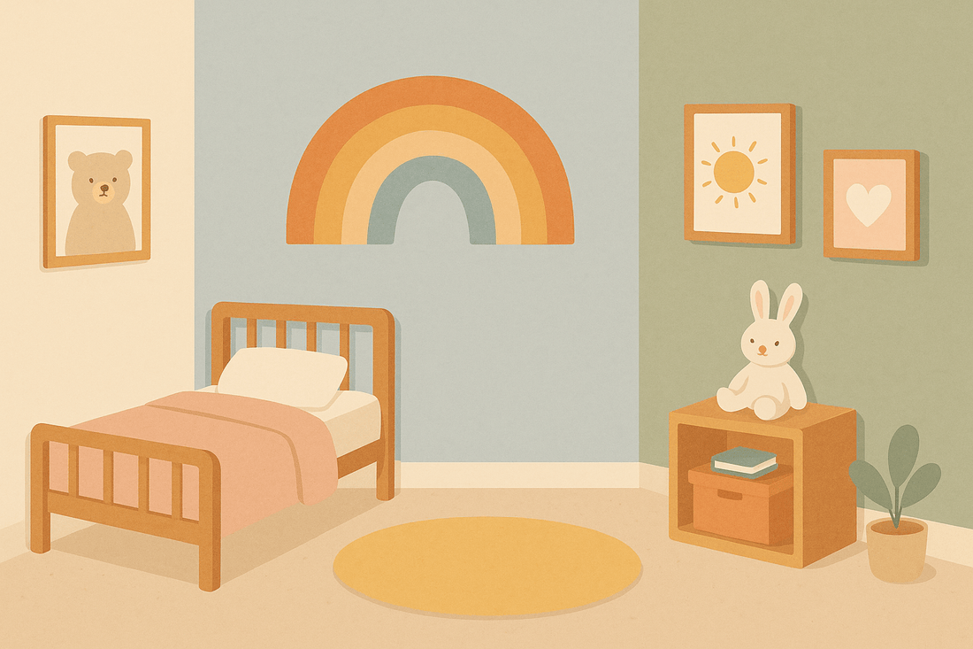 Chambre d’enfant colorée avec arc-en-ciel mural, affiches murales et tons doux beige, vert sauge, rose poudré, bleu clair et jaune pastel.