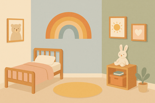 Chambre d’enfant colorée avec arc-en-ciel mural, affiches murales et tons doux beige, vert sauge, rose poudré, bleu clair et jaune pastel.