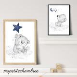 Ours Bleu étoile et lune - Décoration Chambre de Bébé et enfant