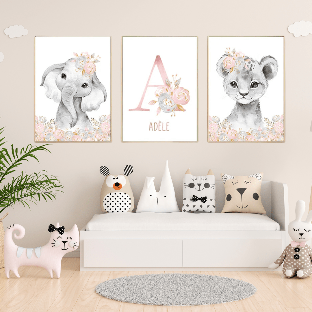 Affiche déco chambre bébé fille savane fleur rose- Décoration Chambre de Bébé et enfant
