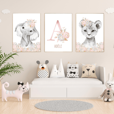 Affiche déco chambre bébé fille savane fleur rose- Décoration Chambre de Bébé et enfant