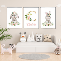 Lapin Gris avec fleurs - Décoration Chambre de Bébé et enfant