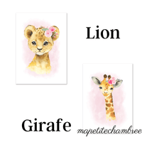 animaux de la savane lion girafe fleur rose