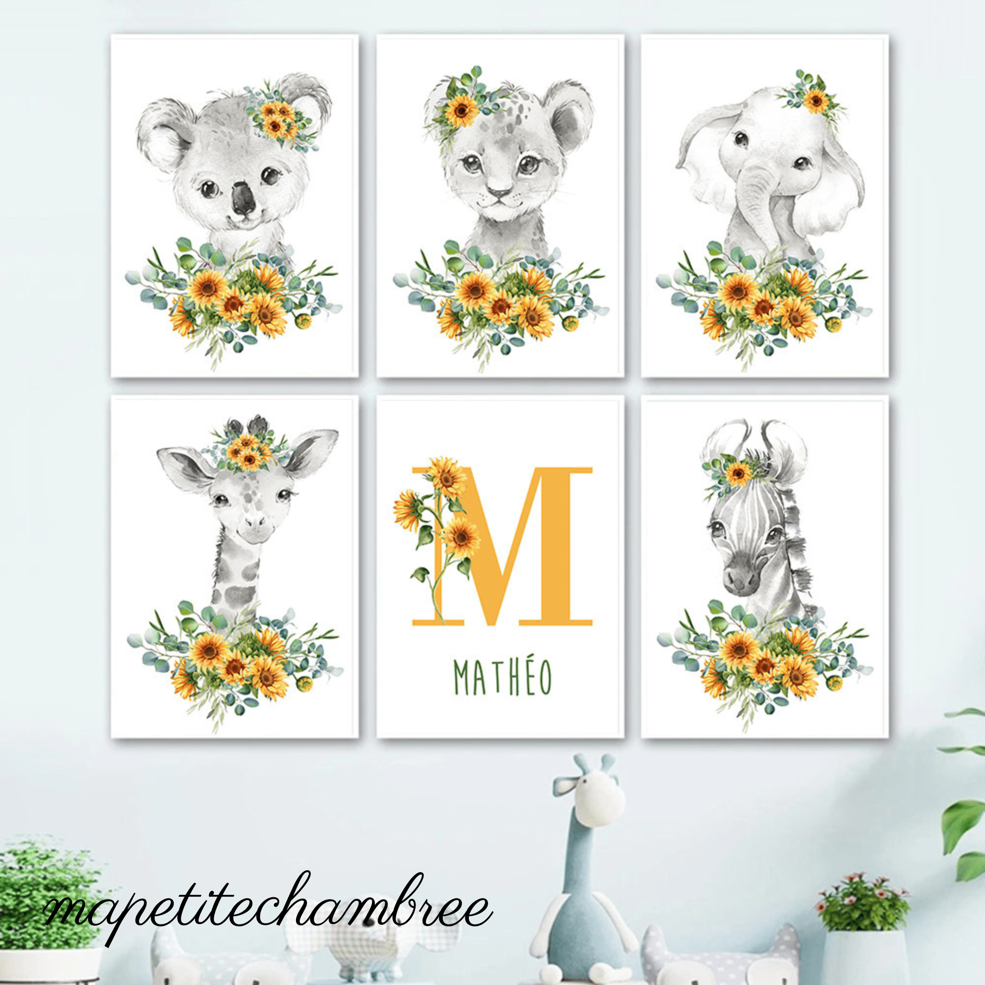 Set De 4 Posters Animaux Savane/jungle A4 (21x30cm) - Lion, éléphant, Singe, Girafe - Décoration Chambre Bébé/enfant